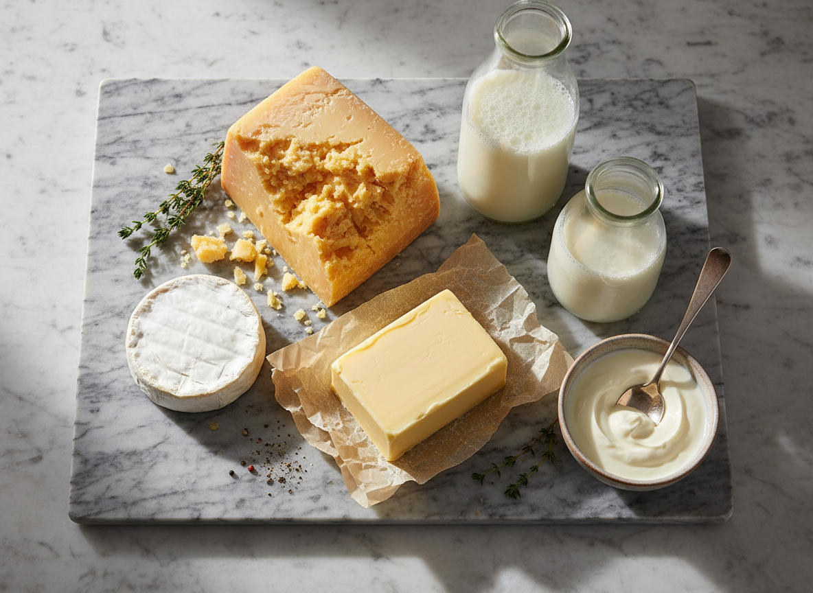 A rich, appetizing overhead flat-lay of premium dairy products: artisan cheese wheels, fresh butter on parchment, glass bottles of fresh milk, and a small bowl of cream, arranged on a rustic marble surface with soft natural side lighting. Warm, golden tones, professional food photography style, clean and elegant composition.