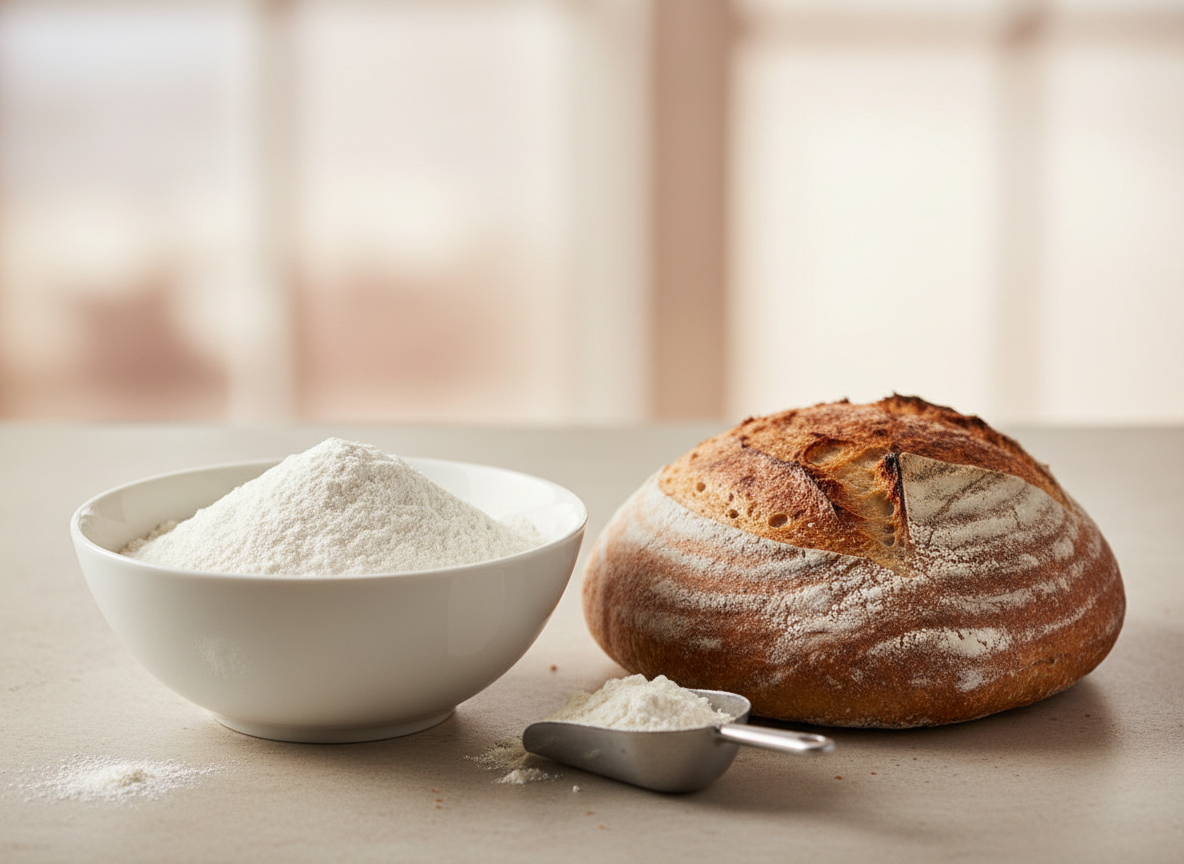 Bread flour beside a rustic loaf