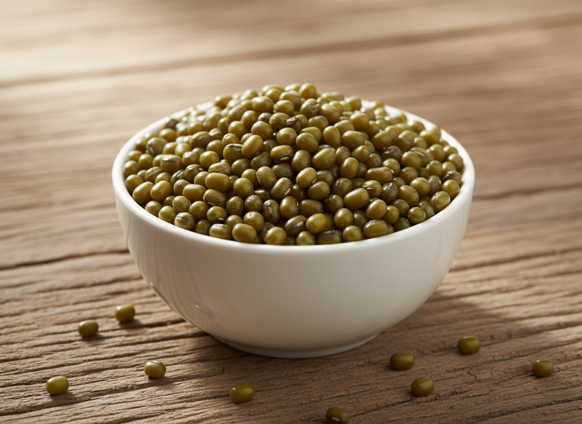 Green mung beans in a white ceramic bowl on a wooden surface