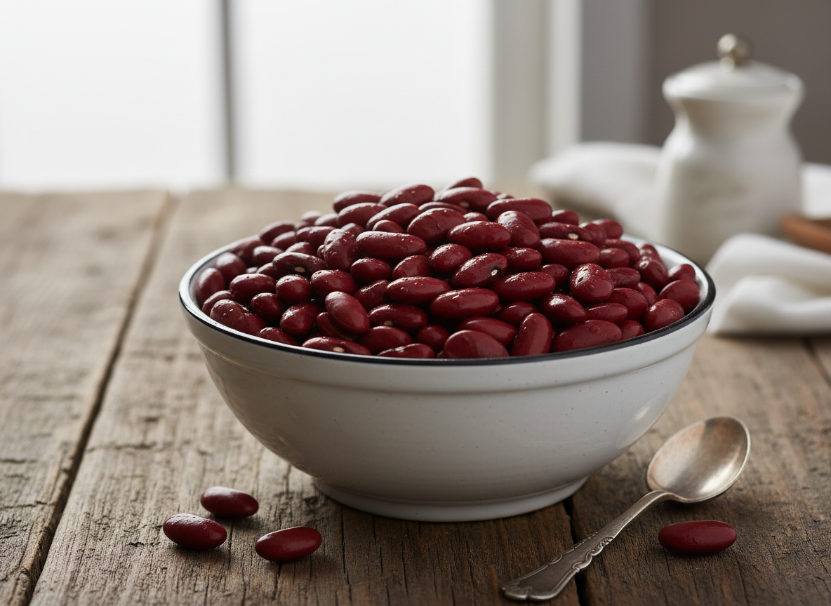 Red kidney beans in a white ceramic bowl on a wooden surface
