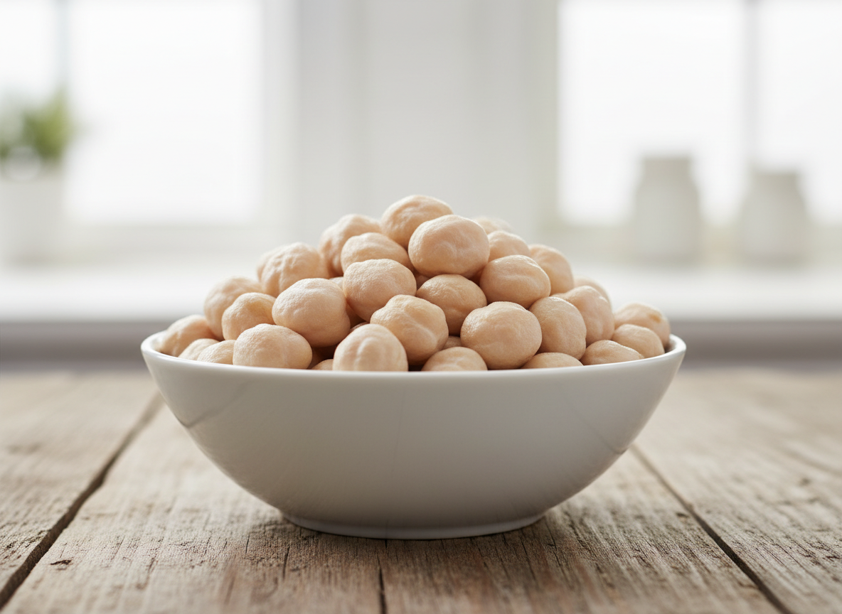 Kabuli chickpeas in a white ceramic bowl on a wooden surface