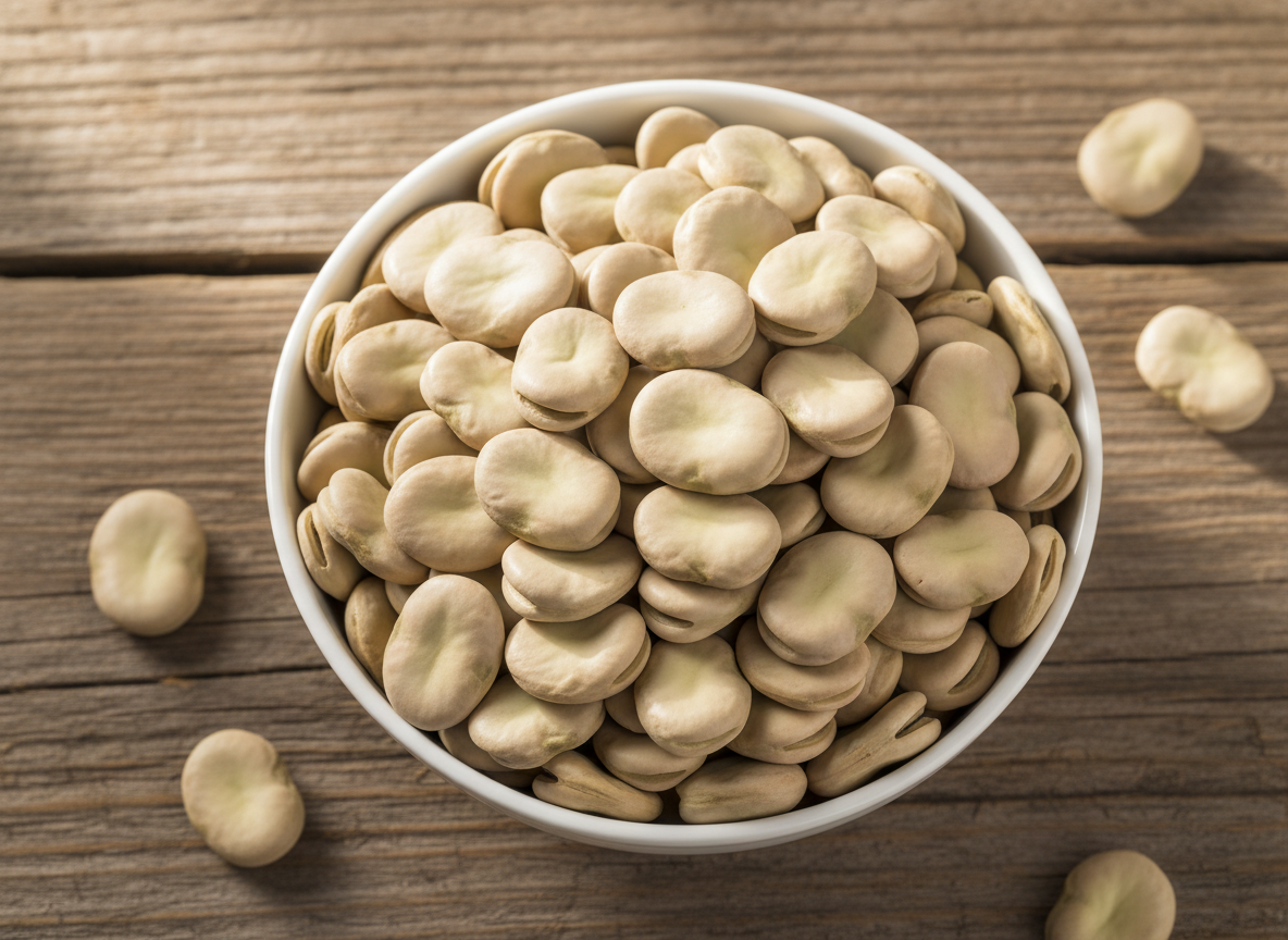 Dried fava beans in a white ceramic bowl on a wooden surface