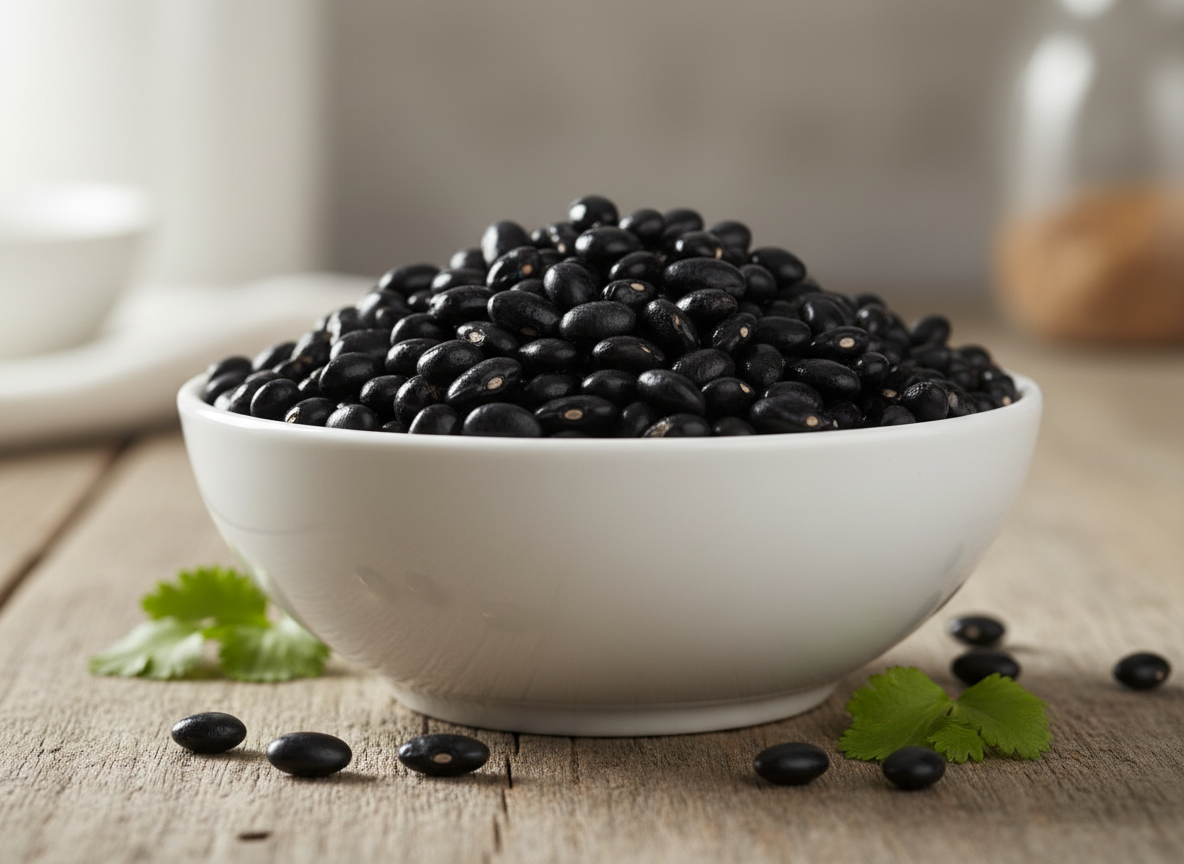 Black beans in a white ceramic bowl on a wooden surface