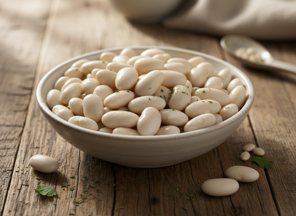 White cannellini kidney beans in a white ceramic bowl on a wooden surface