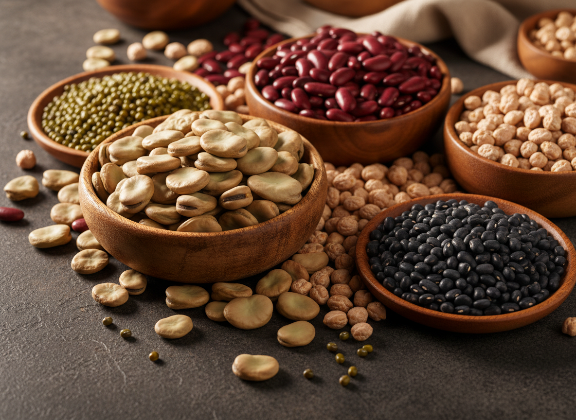 A rich, close-up overhead shot of an assortment of dried beans — fava beans, kidney beans, chickpeas, black beans, and mung beans — arranged in rustic wooden bowls and spilling across a dark stone surface. Warm, professional food photography lighting with rich earthy tones.