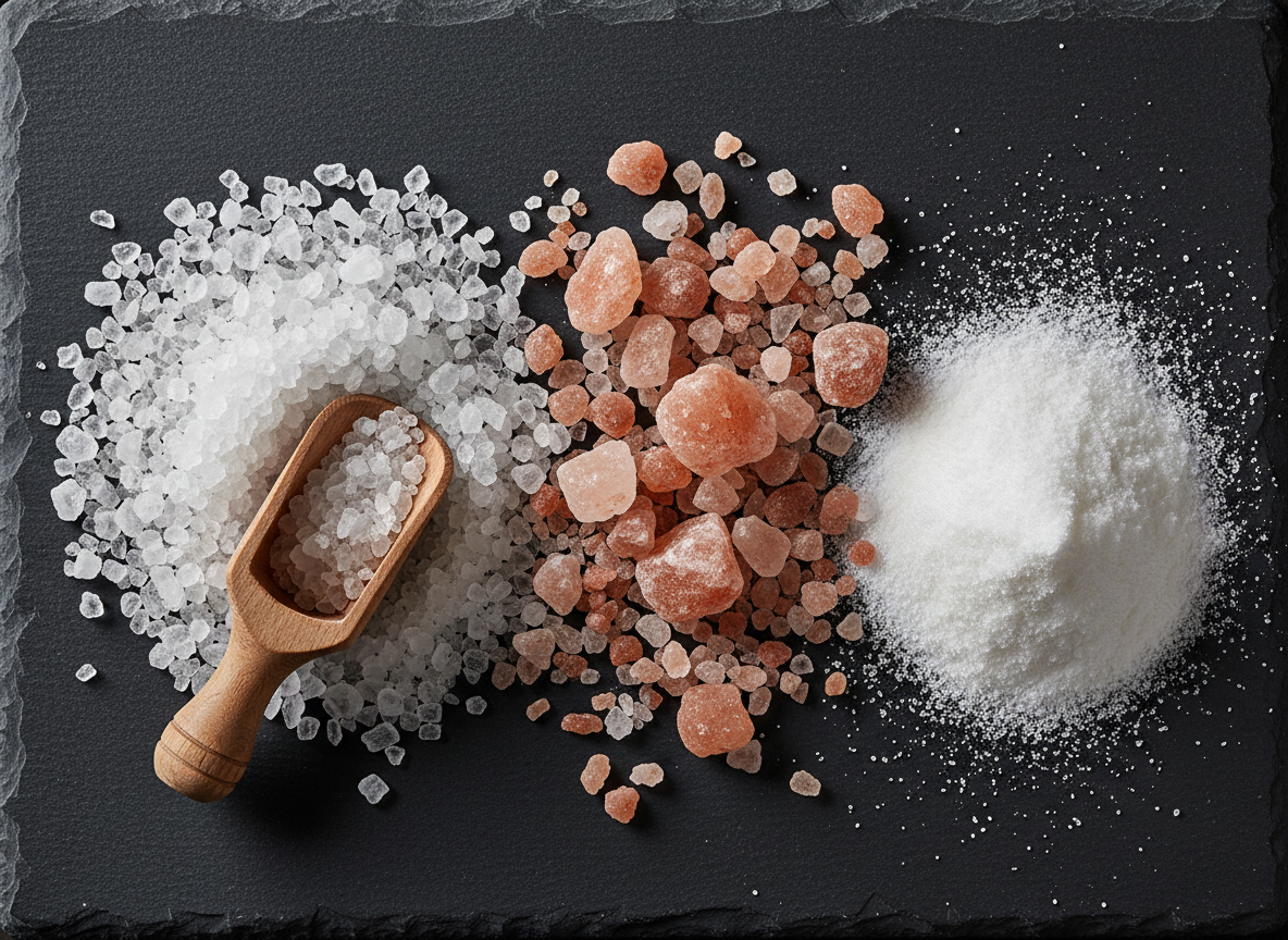 Premium salt varieties — coarse sea salt crystals, Himalayan pink salt, and fine white salt scattered on a dark slate surface with a wooden scoop. Clean, professional studio lighting with high contrast. B2B food trading catalog style.