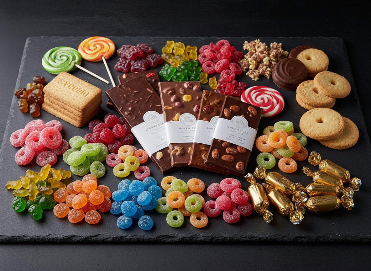 Premium confectionery assortment — chocolate bars, colorful hard candies, gummy sweets, biscuits, and wrapped toffees arranged on a clean dark surface. Professional studio lighting, rich colors, B2B food trading catalog style.