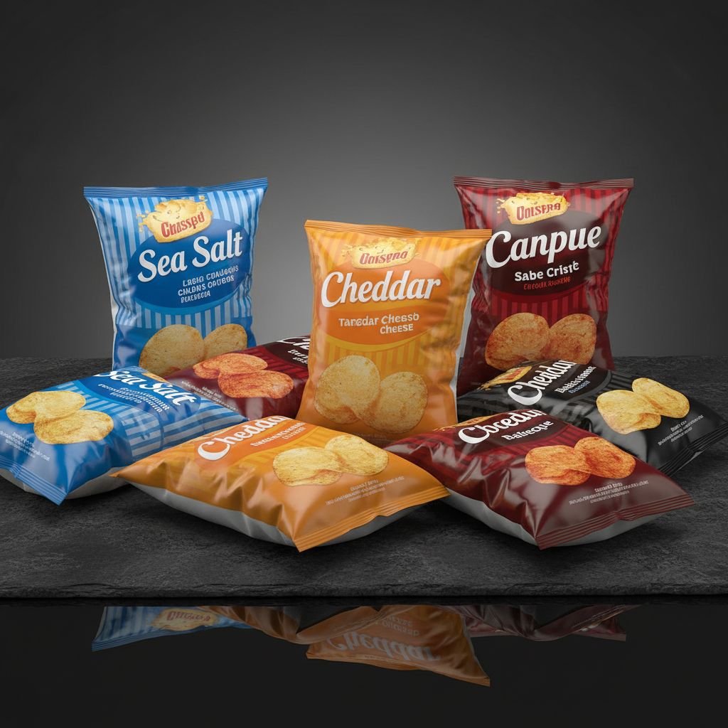 Assorted potato chips and crisps bags in various flavors