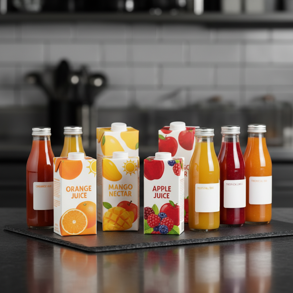 Assorted fruit juice cartons and bottles in various flavors