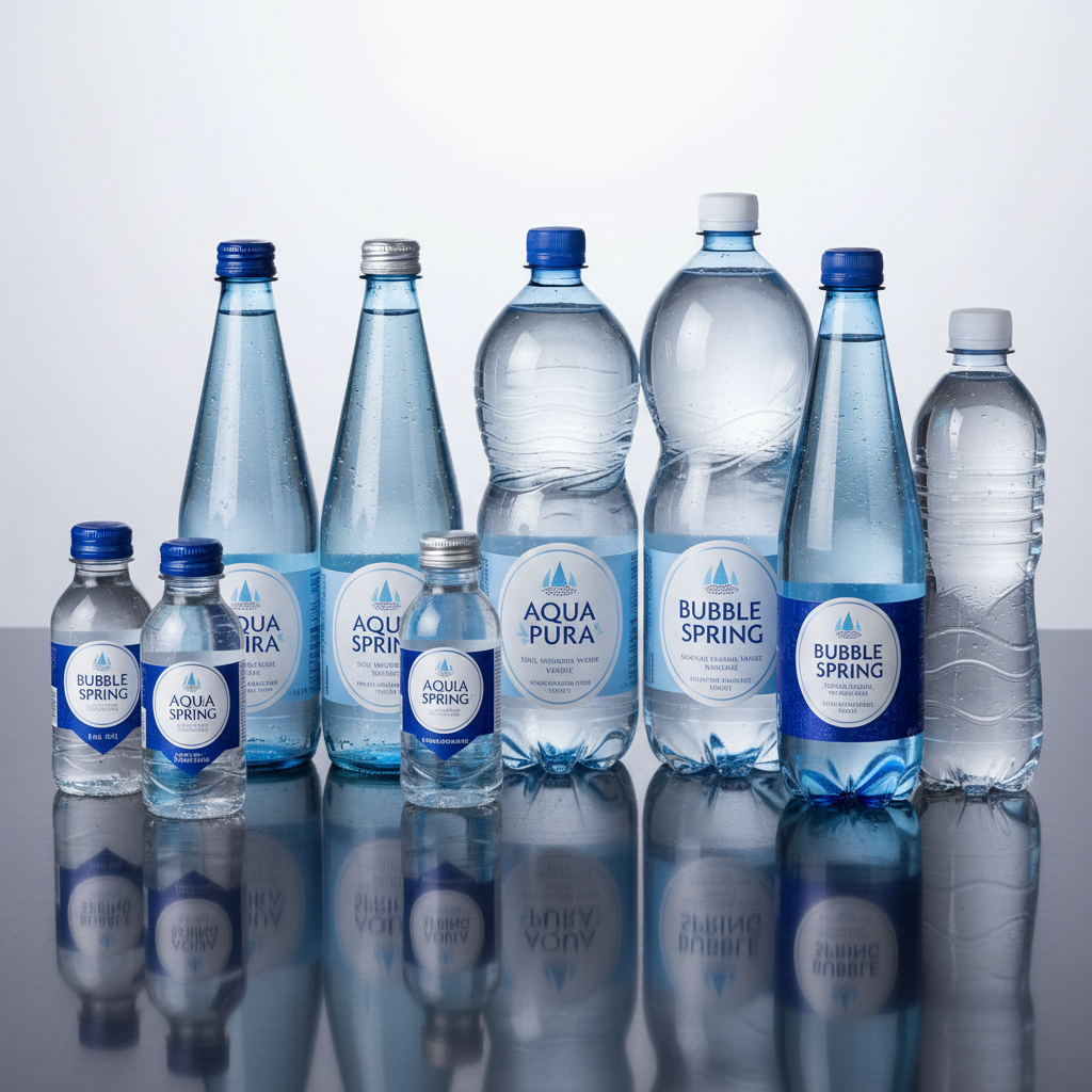 Assorted bottled water products — still and sparkling
