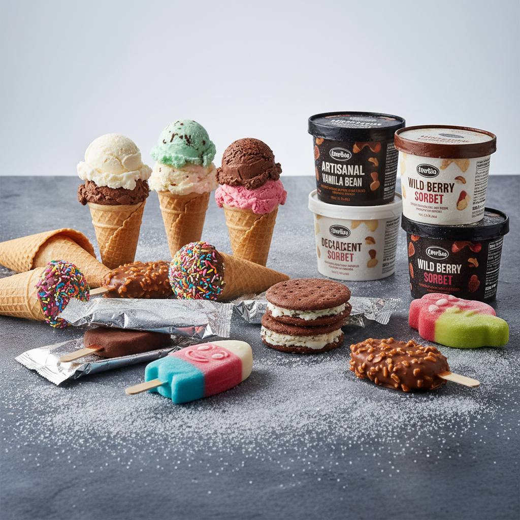 Assorted ice cream cones, bars, tubs, and novelty pops