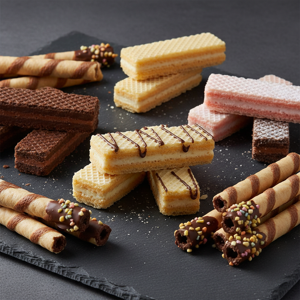 Assorted cream-filled wafer bars and rolls in various flavors