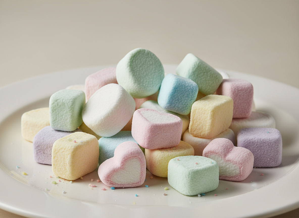 Assorted colorful marshmallows in various shapes