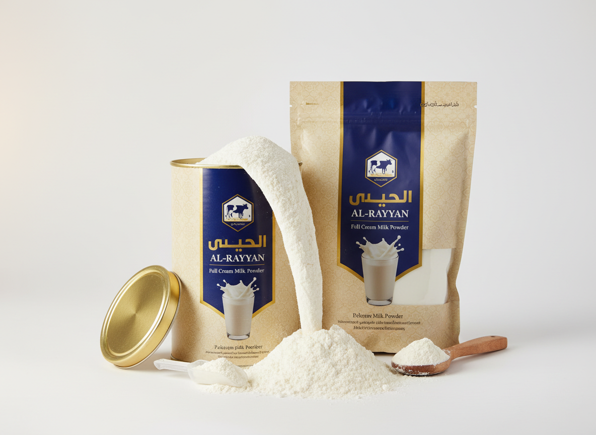 Professional product photography of full cream milk powder in a branded tin or bag, styled for Middle Eastern market. Clean white background, warm lighting, milk powder spilling slightly, premium FMCG packaging, B2B catalog style.