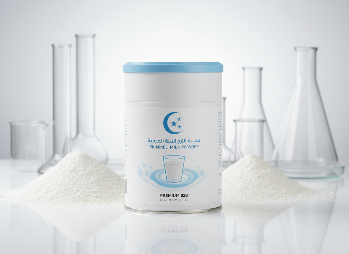 Professional product photography of skimmed milk powder in clean packaging, styled for Middle Eastern FMCG market. Bright, airy studio lighting, health-focused presentation, premium B2B catalog style, white and blue tones.
