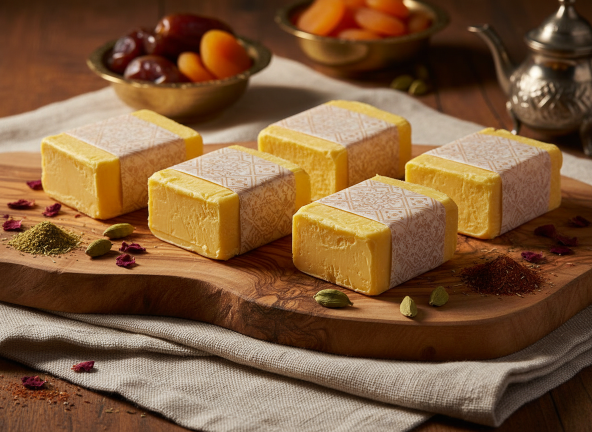 Professional product photography of premium butter blocks, golden and rich, on a wooden board with a linen cloth, styled for Middle Eastern food market. Warm lighting, appetizing, B2B catalog quality.