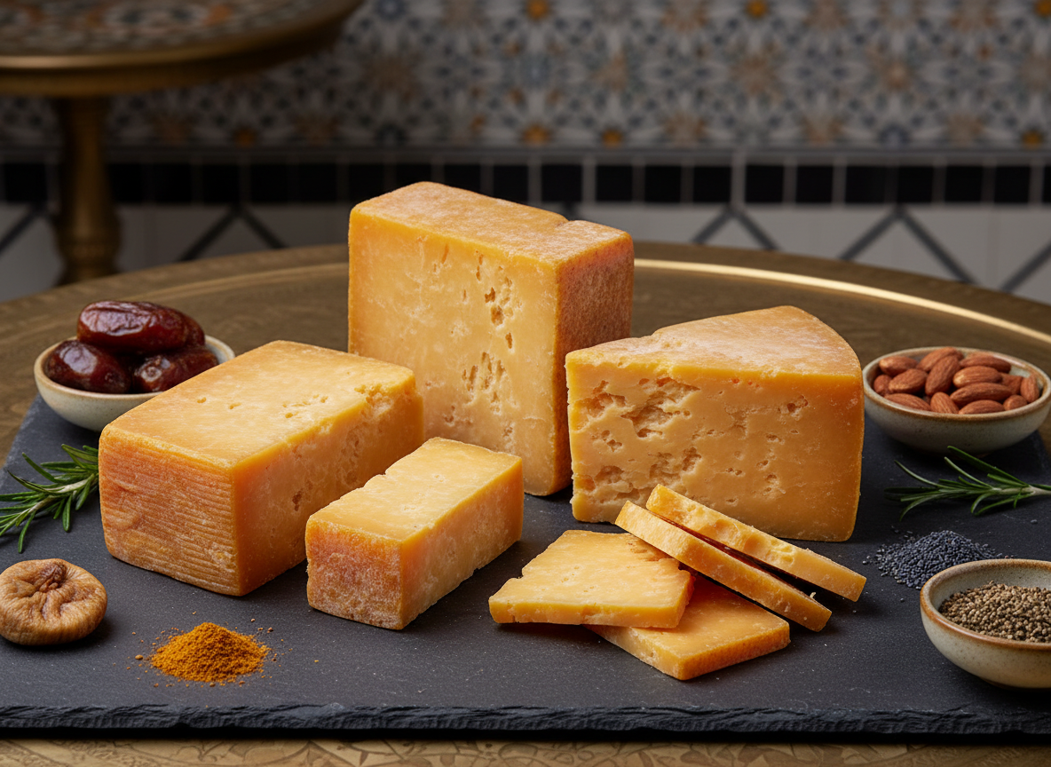 Professional product photography of aged cheddar cheese blocks and slices, rich orange-yellow color, on a slate board, styled for Middle Eastern food trading market. Sharp studio lighting, premium B2B catalog quality.