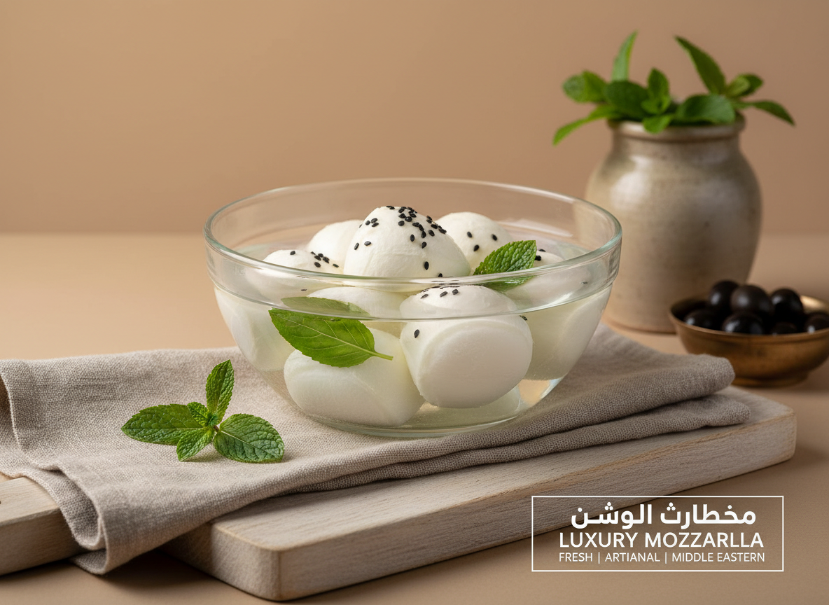 Professional product photography of fresh mozzarella cheese balls in water, creamy white, styled for Middle Eastern food market. Clean studio background, soft lighting, premium FMCG B2B catalog style.