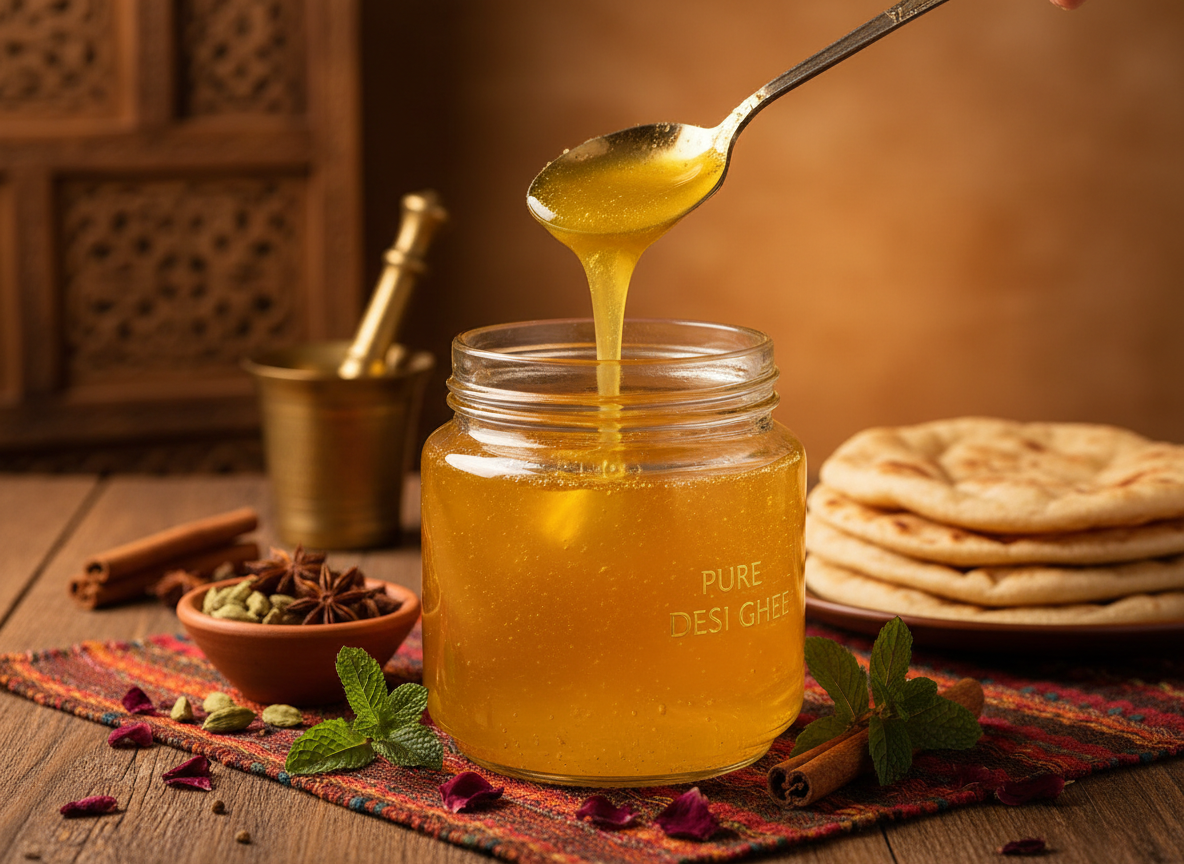 Professional product photography of pure golden ghee in a glass jar, with a spoon drizzling rich clarified butter, styled for Middle Eastern and South Asian food market. Warm golden lighting, traditional Arabic food context, premium B2B catalog quality.
