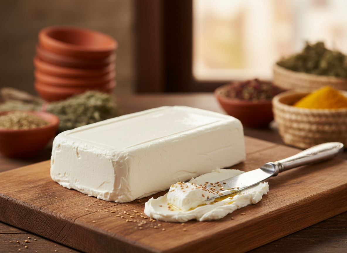 A block and spread of smooth cream cheese on a wooden board, with a knife beside it. Professional food product photography, clean background, soft natural lighting, Middle Eastern market style.