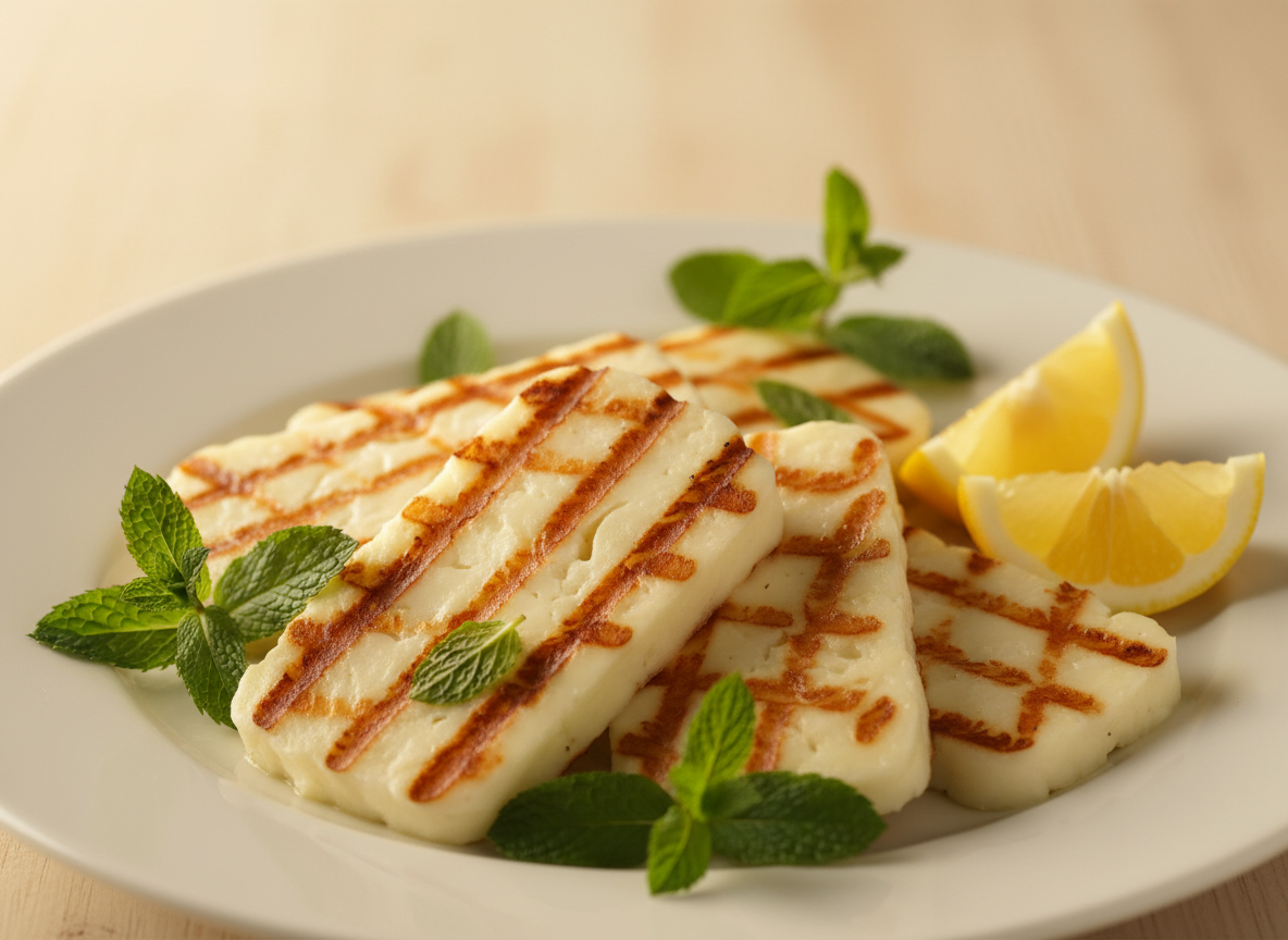 Grilled halloumi cheese slices with golden char marks on a white plate, garnished with mint leaves and lemon. Professional Middle Eastern food photography, clean background, warm lighting.