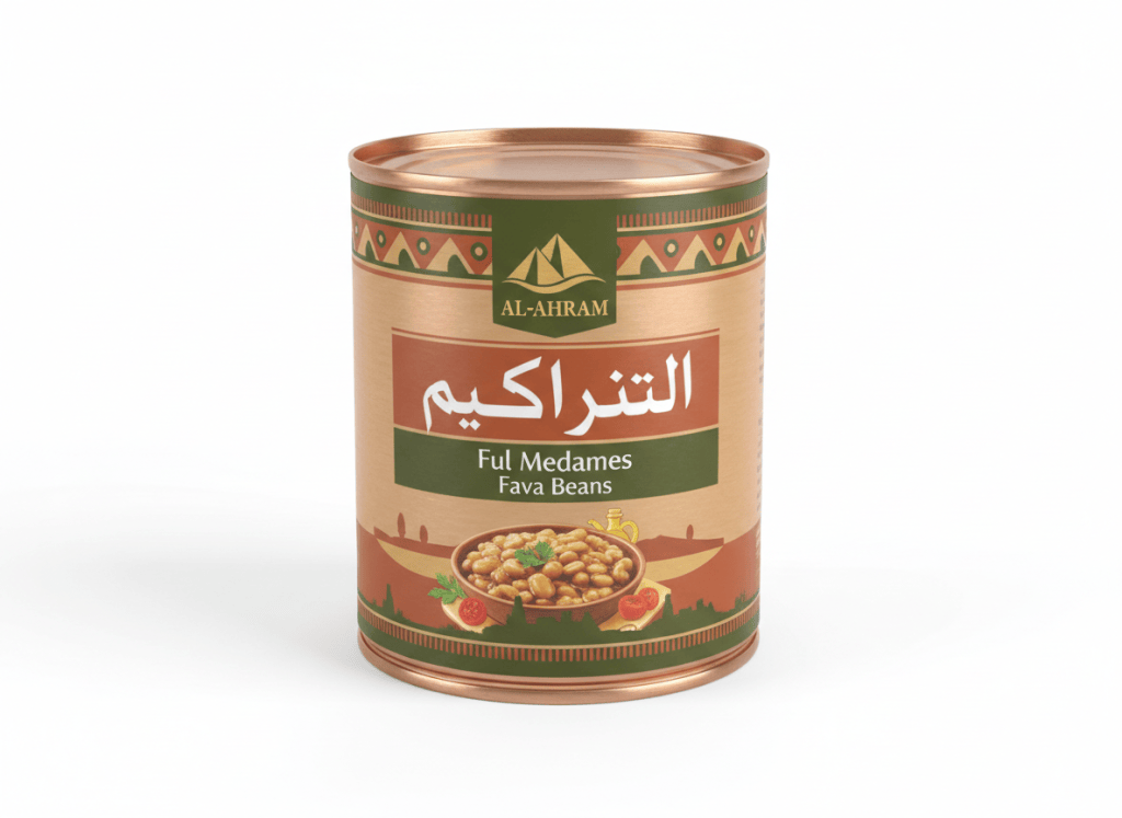 Professional product photography of canned fava beans ful medames with Arabic and English labeling, Egyptian Middle Eastern brand style, warm earth tones tin can, clean white background, commercial food photography