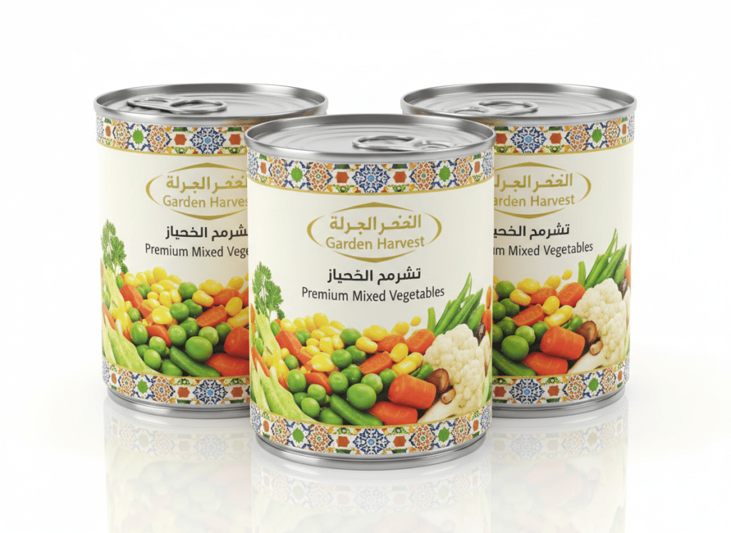 Professional product photography of canned mixed vegetables with Arabic and English labeling, Middle Eastern brand style, colorful vegetables imagery on tin can, clean white background, commercial food photography