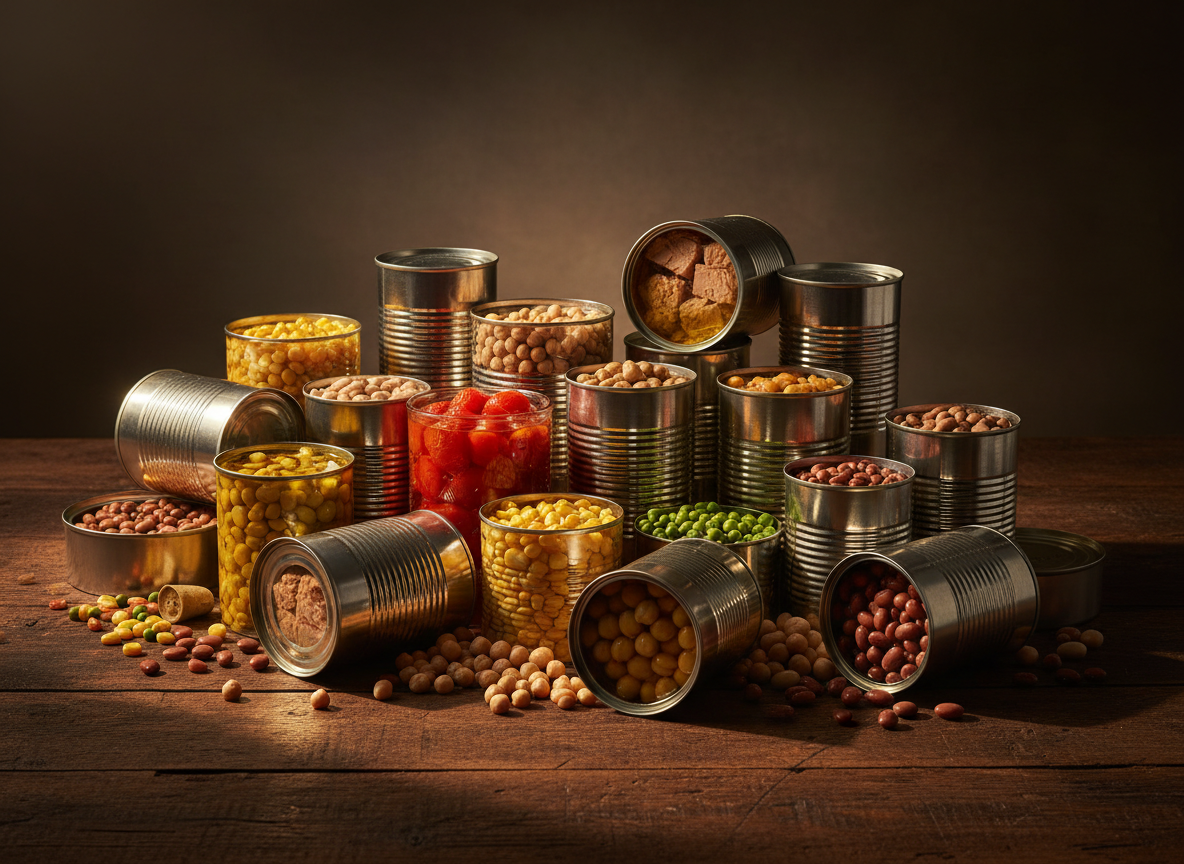 A dramatic, professional hero image for a canned food trading company. Features an array of premium canned goods — tuna, tomatoes, chickpeas, sweetcorn, green peas — arranged beautifully on a dark background with warm dramatic lighting. Rich, cinematic food photography style with deep shadows and highlights. Commercial FMCG trading company aesthetic. Wide landscape format.