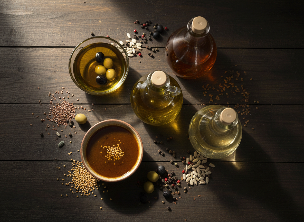 Assorted premium edible oils in glass bottles on a dark rustic surface