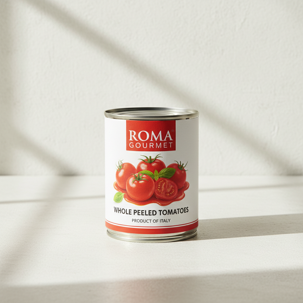 Professional product photography of canned tomatoes — a clean tin can with a label showing whole peeled tomatoes, shot on a white or neutral background, bright natural lighting, FMCG retail style