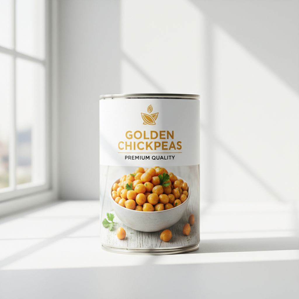 Professional product photography of canned chickpeas — a clean tin can with a label showing golden chickpeas, shot on a white or neutral background, bright natural lighting, FMCG retail style