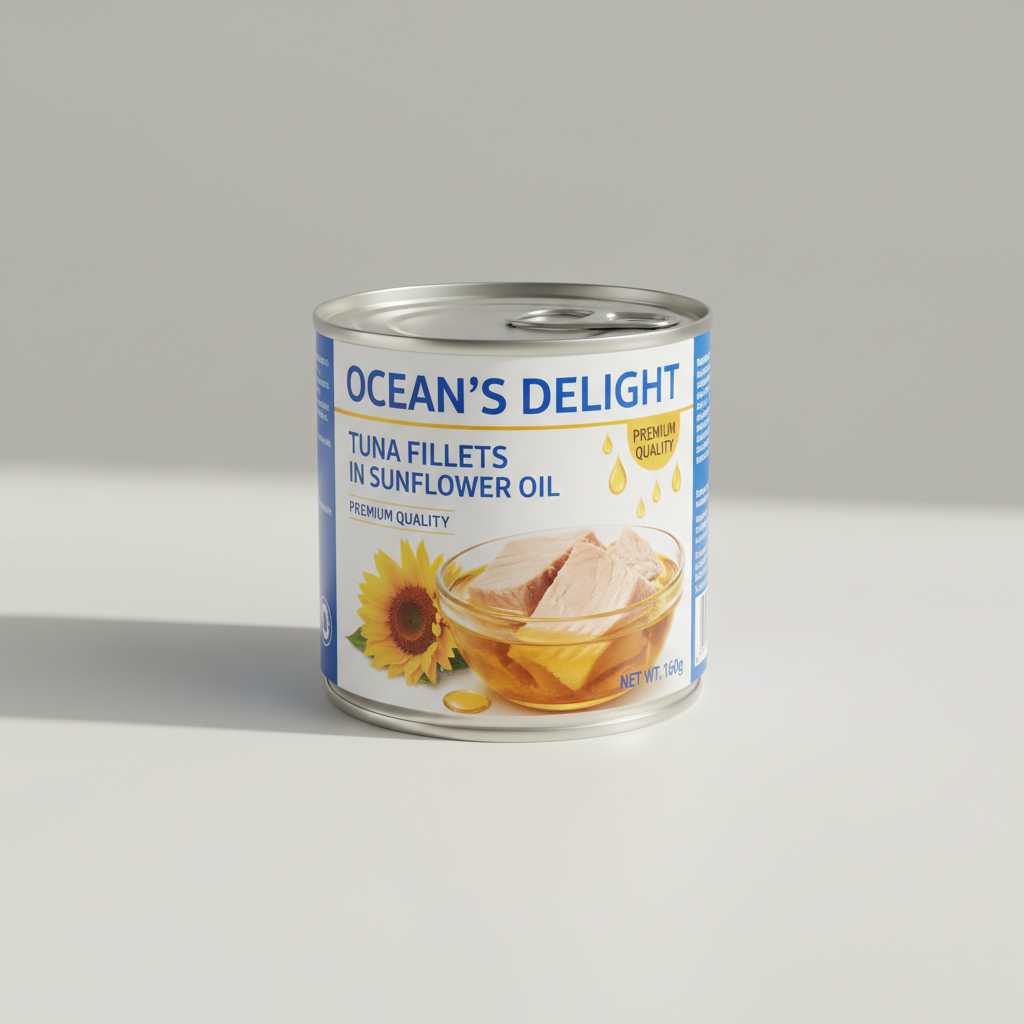 Professional product photography of canned tuna in oil — a clean tin can with a label showing tuna fish in sunflower oil, shot on a white or neutral background, bright natural lighting, FMCG retail style