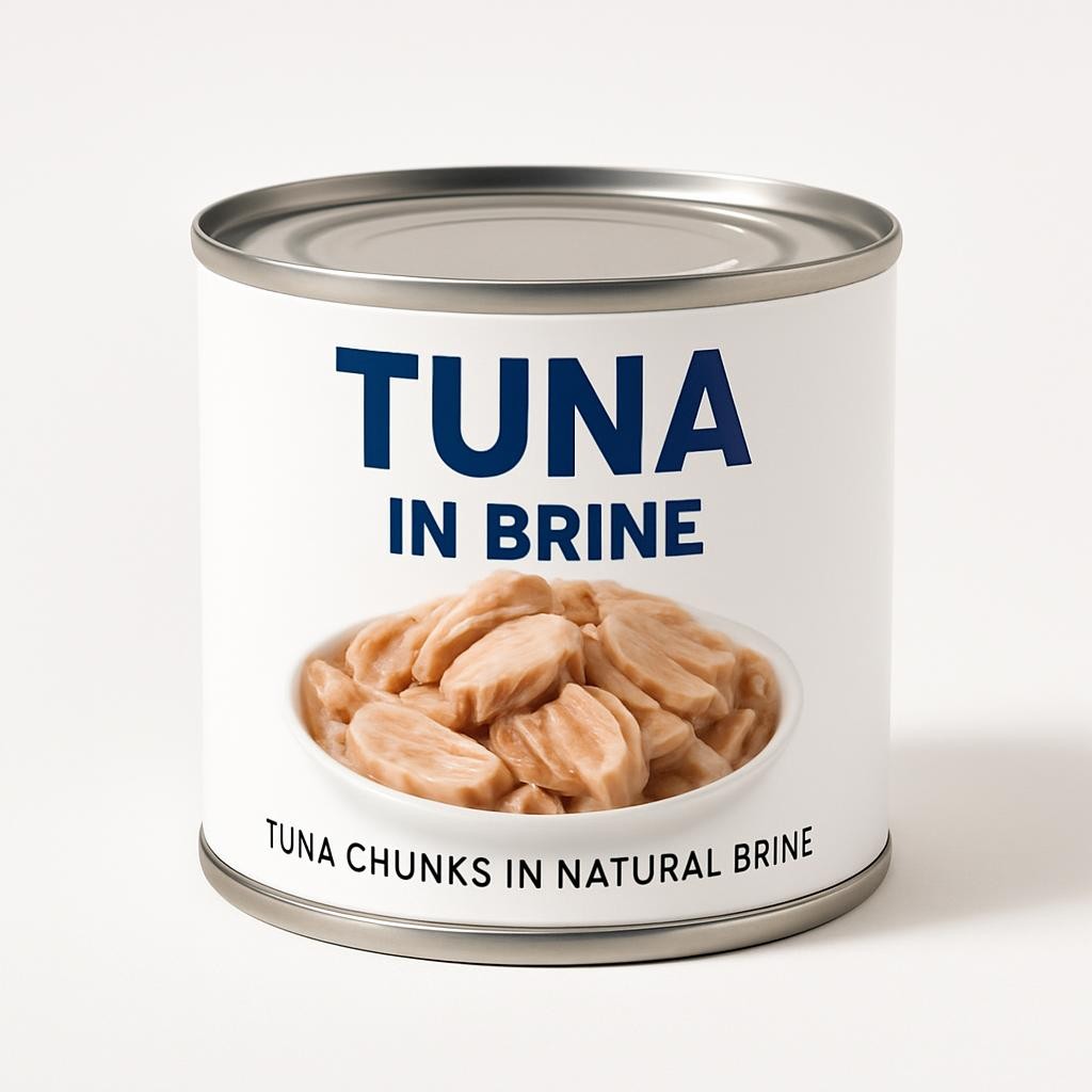 Professional product photography of canned tuna in brine — a clean tin can with a label showing tuna chunks in natural brine, shot on a white or neutral background, bright natural lighting, FMCG retail style