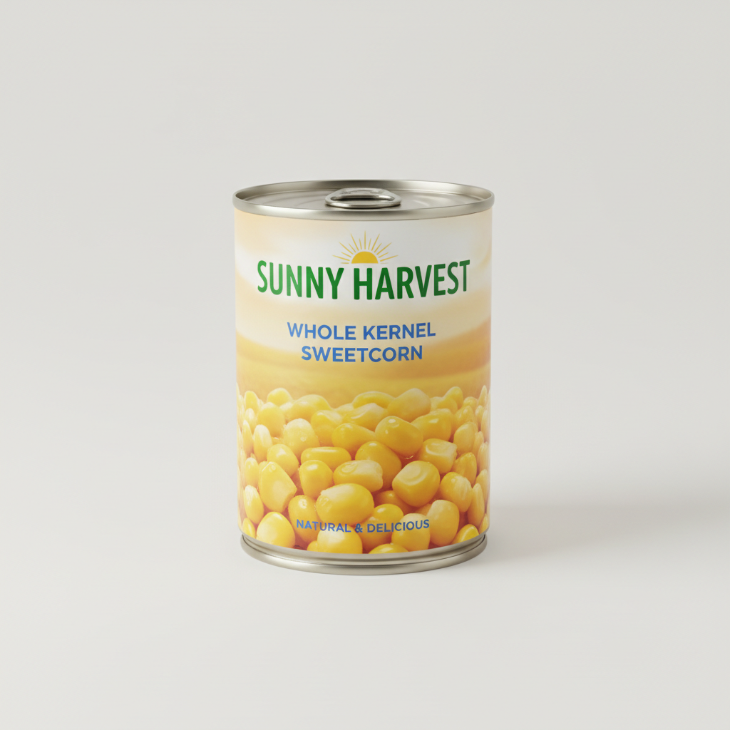 Professional product photography of canned sweetcorn — a clean tin can with a label showing golden whole kernel corn, shot on a white or neutral background, bright natural lighting, FMCG retail style