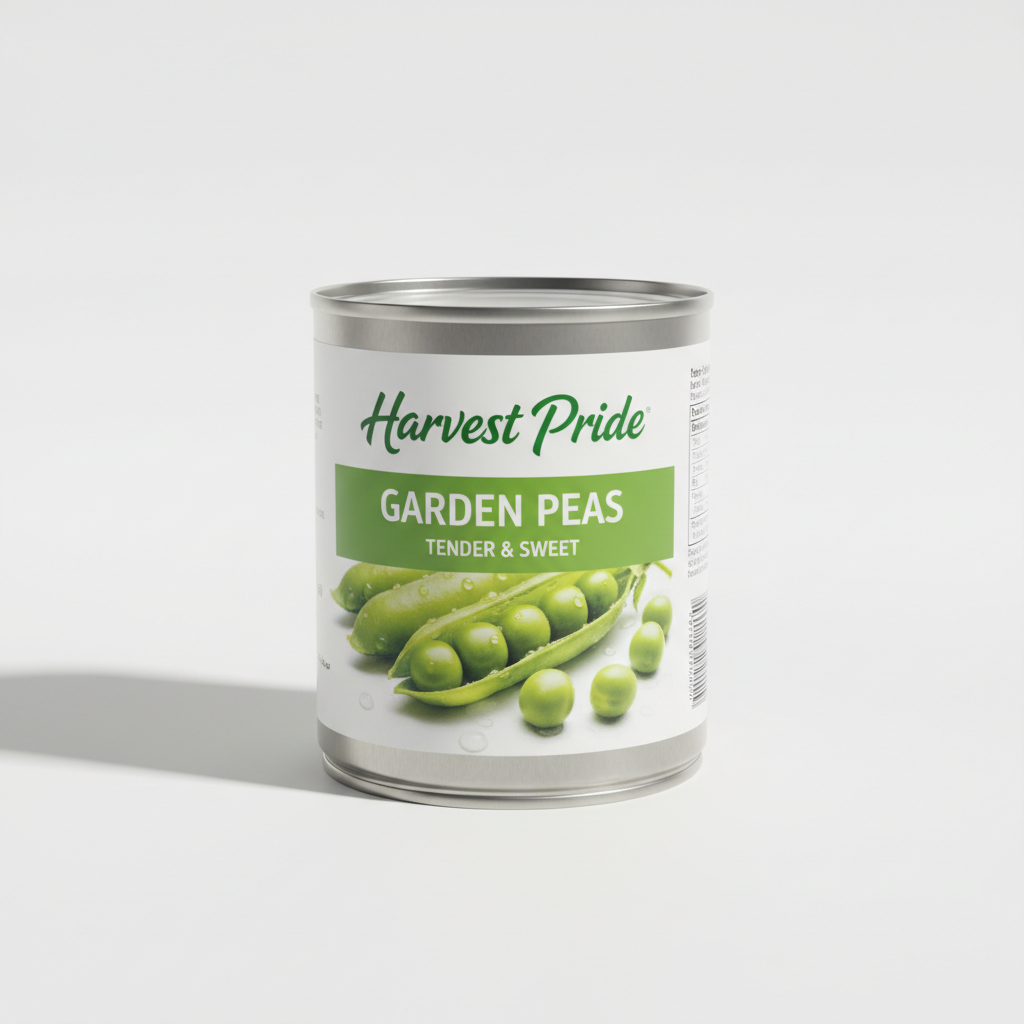 Professional product photography of canned green peas — a clean tin can with a label showing tender garden peas, shot on a white or neutral background, bright natural lighting, FMCG retail style