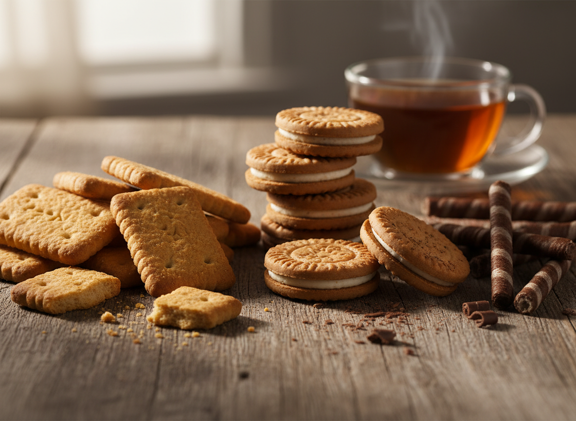 Crispy biscuits and cream-filled wafers