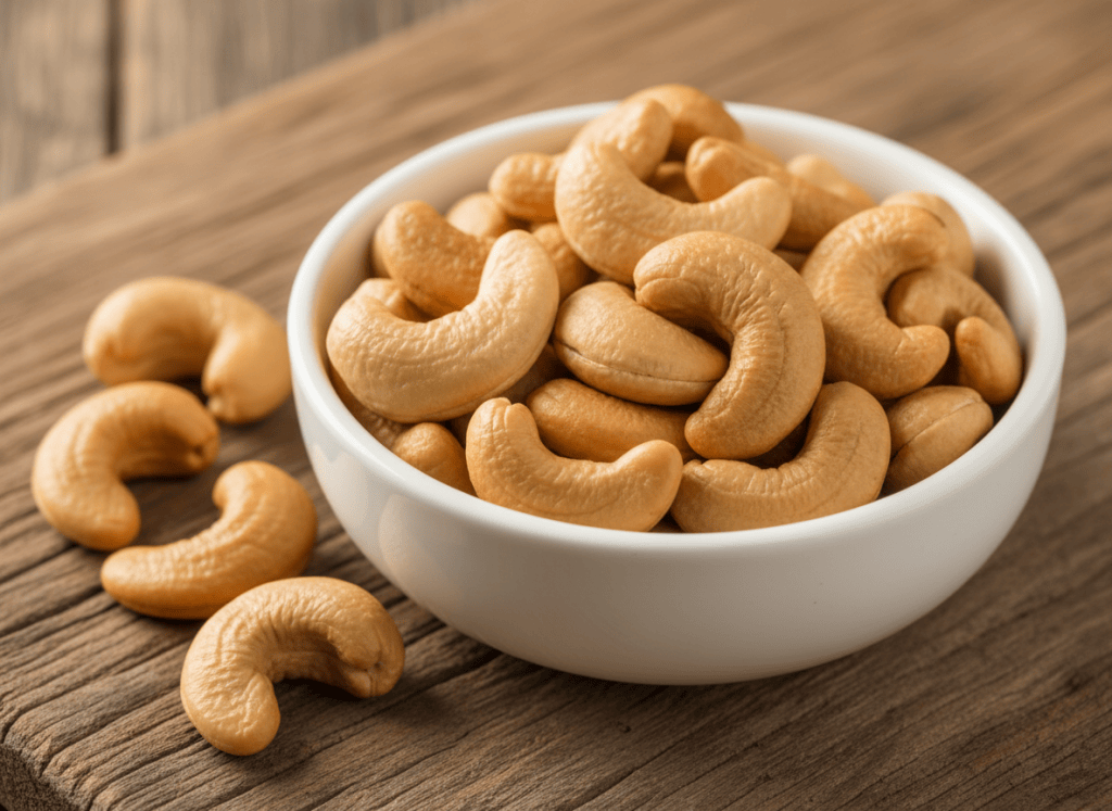 Close-up photographic shot of premium grade cashew nuts arranged in a white ceramic bowl with scattered cashews on a wooden surface. Warm natural studio lighting, 4:3 aspect ratio, clean professional food photography.