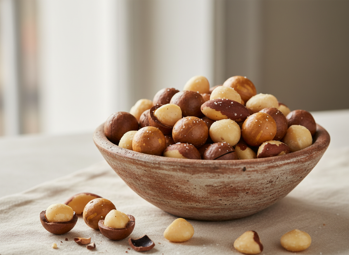 Luxury macadamia nuts and Brazil nuts mixed in a rustic bowl