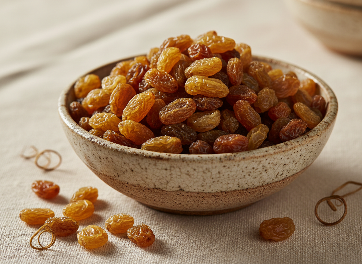 Golden and brown sun-dried raisins in a rustic bowl
