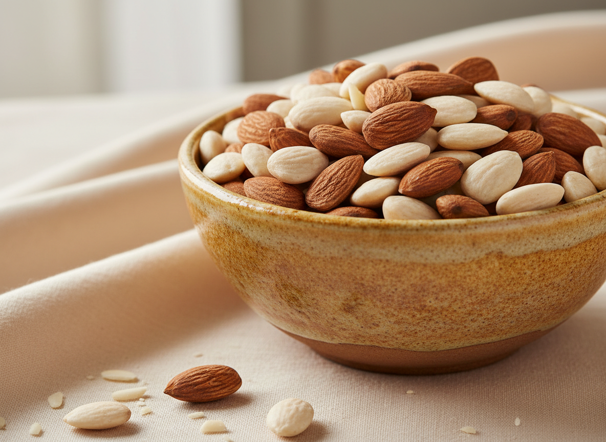 Premium whole and blanched almonds in a rustic bowl