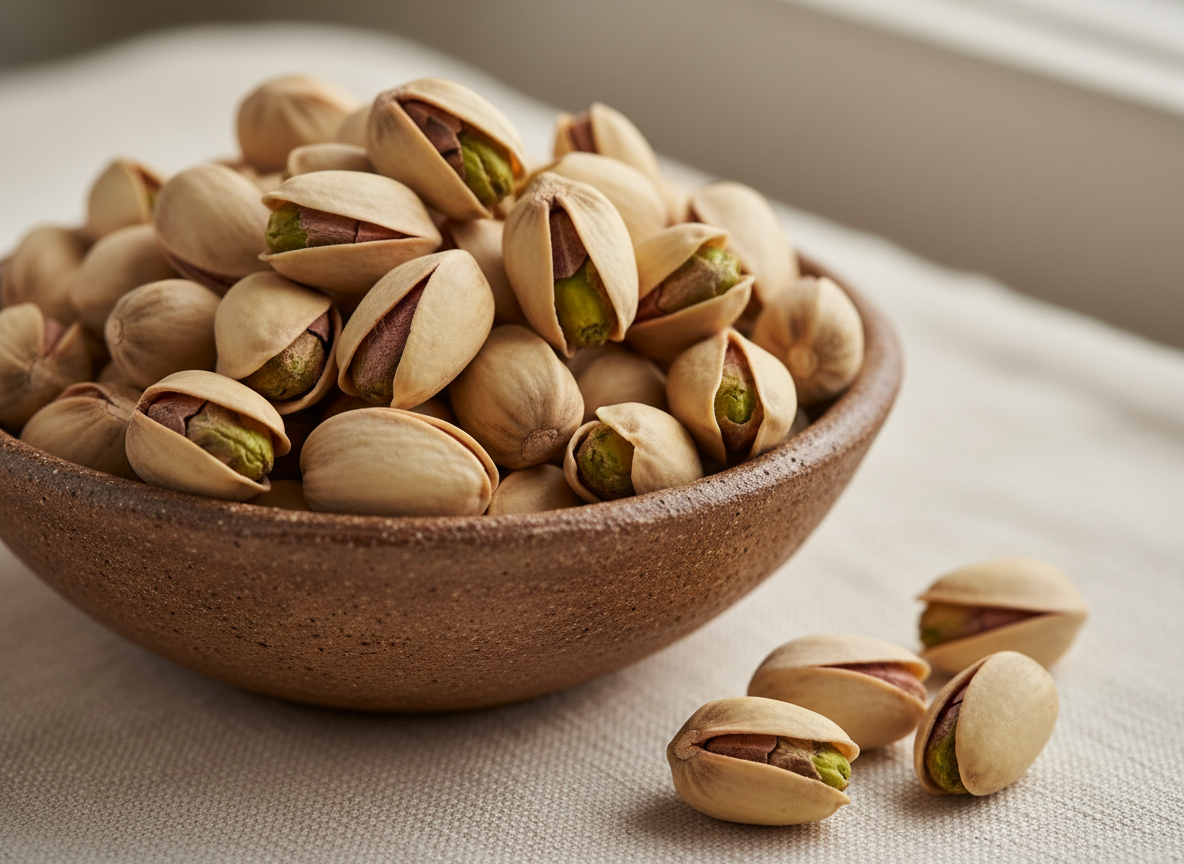 Vibrant green roasted pistachios in shells in a rustic bowl