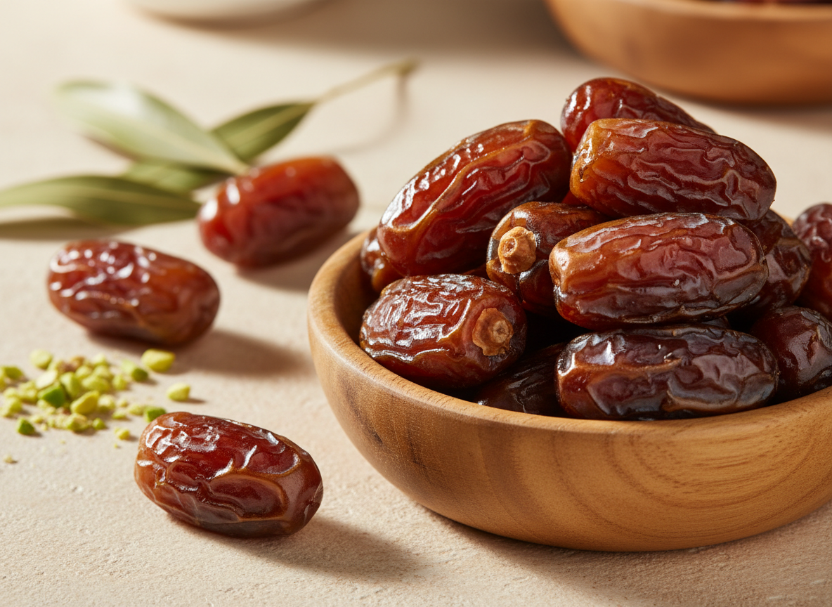 Glossy premium Medjool dates in a wooden bowl