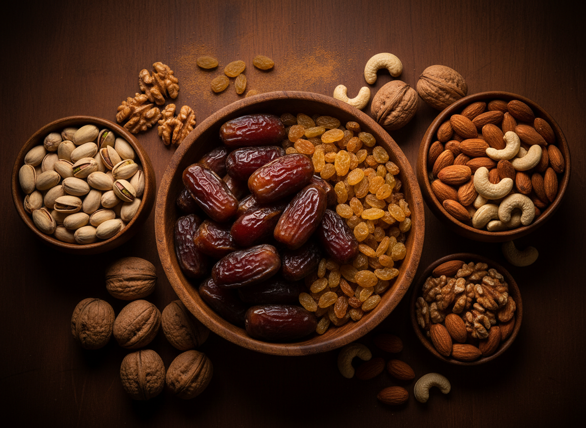 Rich warm-toned overhead flat lay of assorted premium dry fruits and nuts arranged in rustic wooden bowls