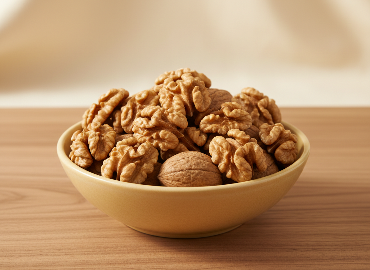 Light-colored walnut halves and pieces in a wooden bowl