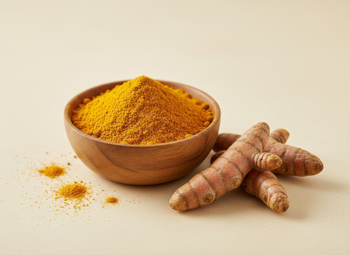 Bright golden-yellow turmeric powder in a small rustic bowl with whole dried turmeric roots beside it on a warm cream surface