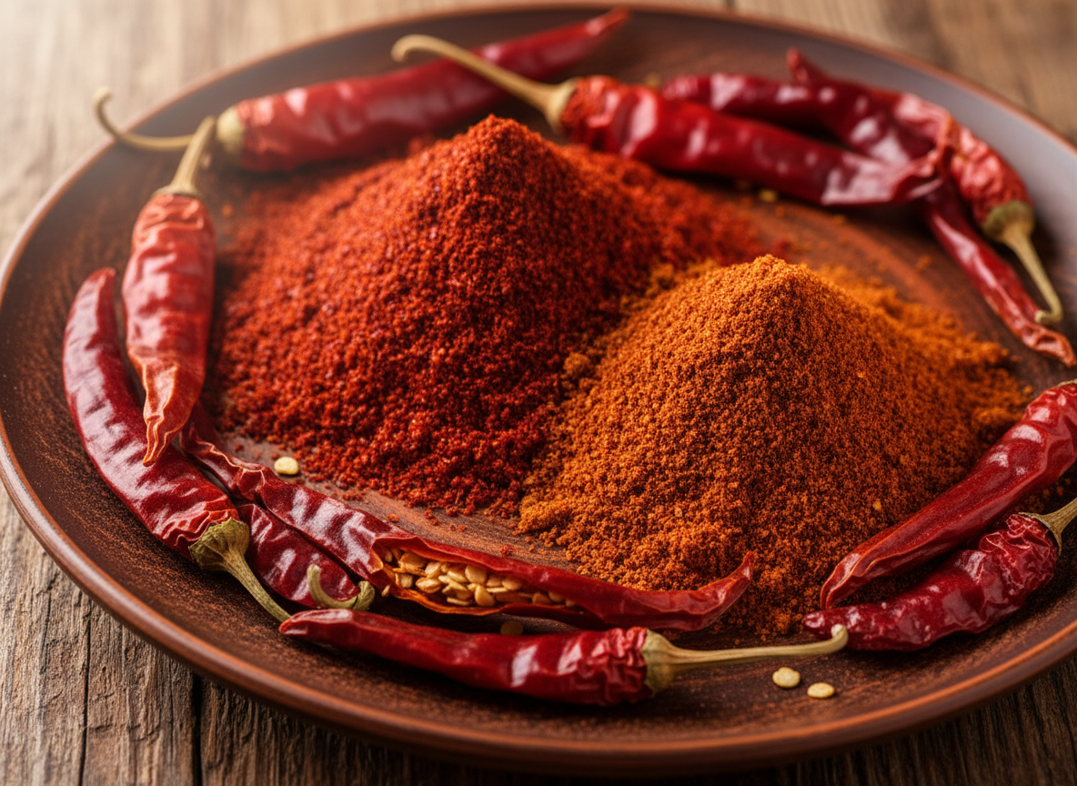 Vibrant red chili powder and paprika with dried red chili peppers on a warm surface