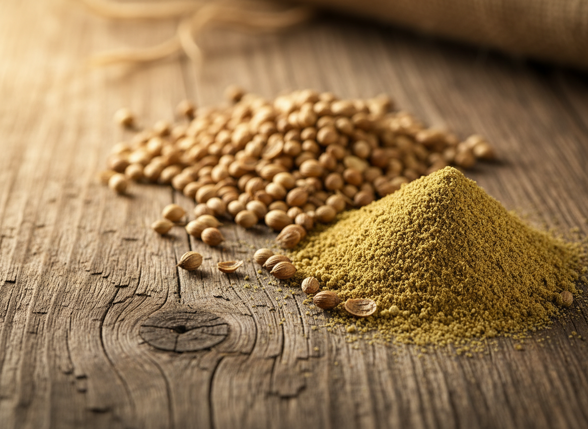 Coriander seeds and finely ground coriander powder on a rustic wooden surface