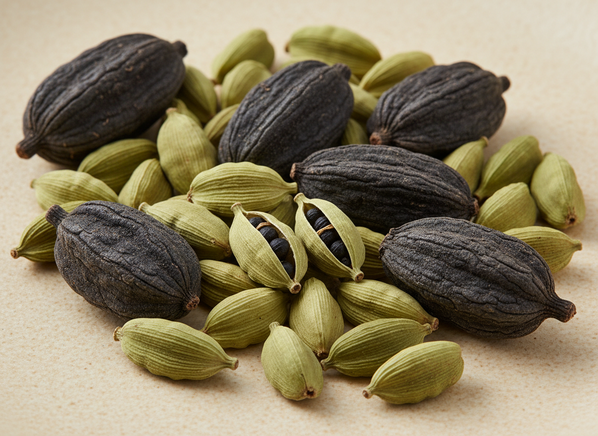 Green cardamom pods and dark black cardamom pods arranged together on a warm cream surface