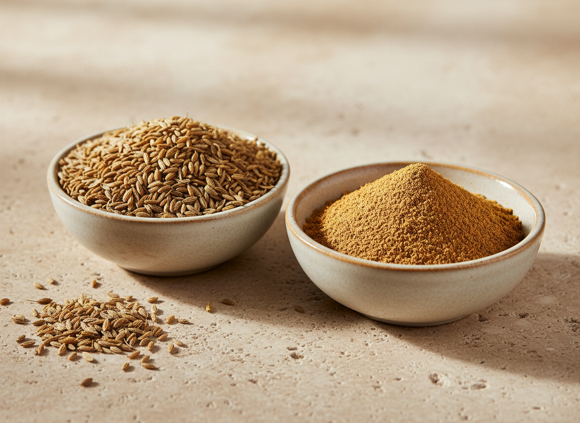 Whole cumin seeds and ground cumin powder displayed in two small bowls on a warm neutral surface