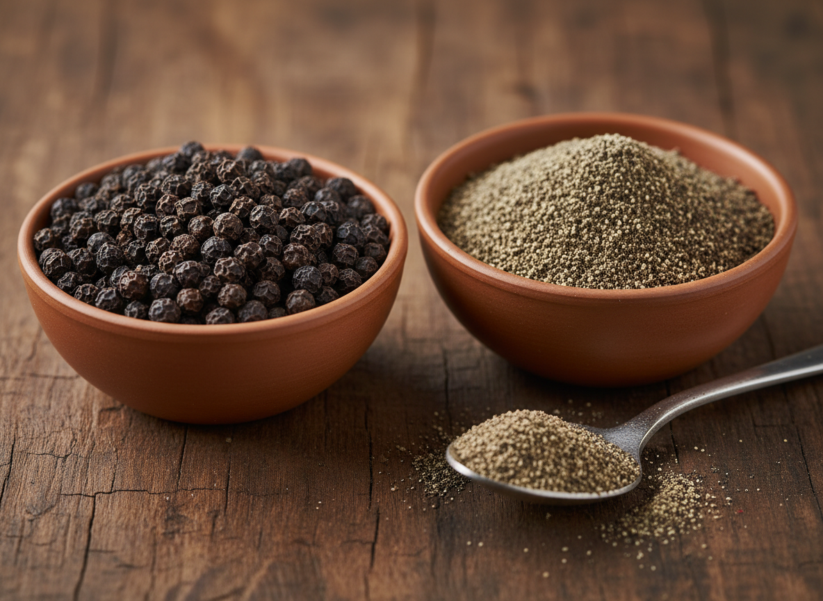 Black peppercorns and freshly ground black pepper in small bowls on a dark warm surface